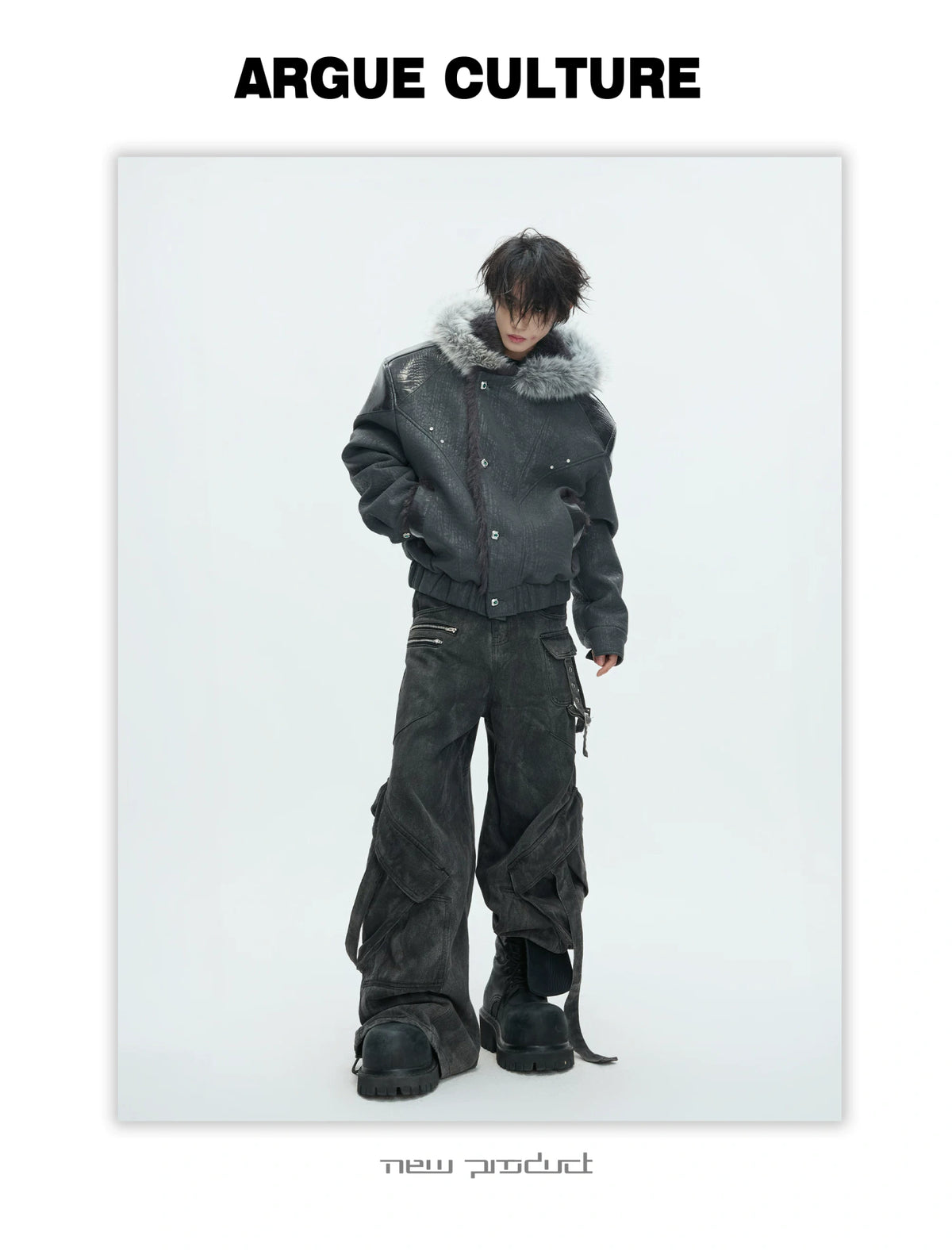 Washed Gray Utility Jeans with Relaxed Straight Fit - description image 4