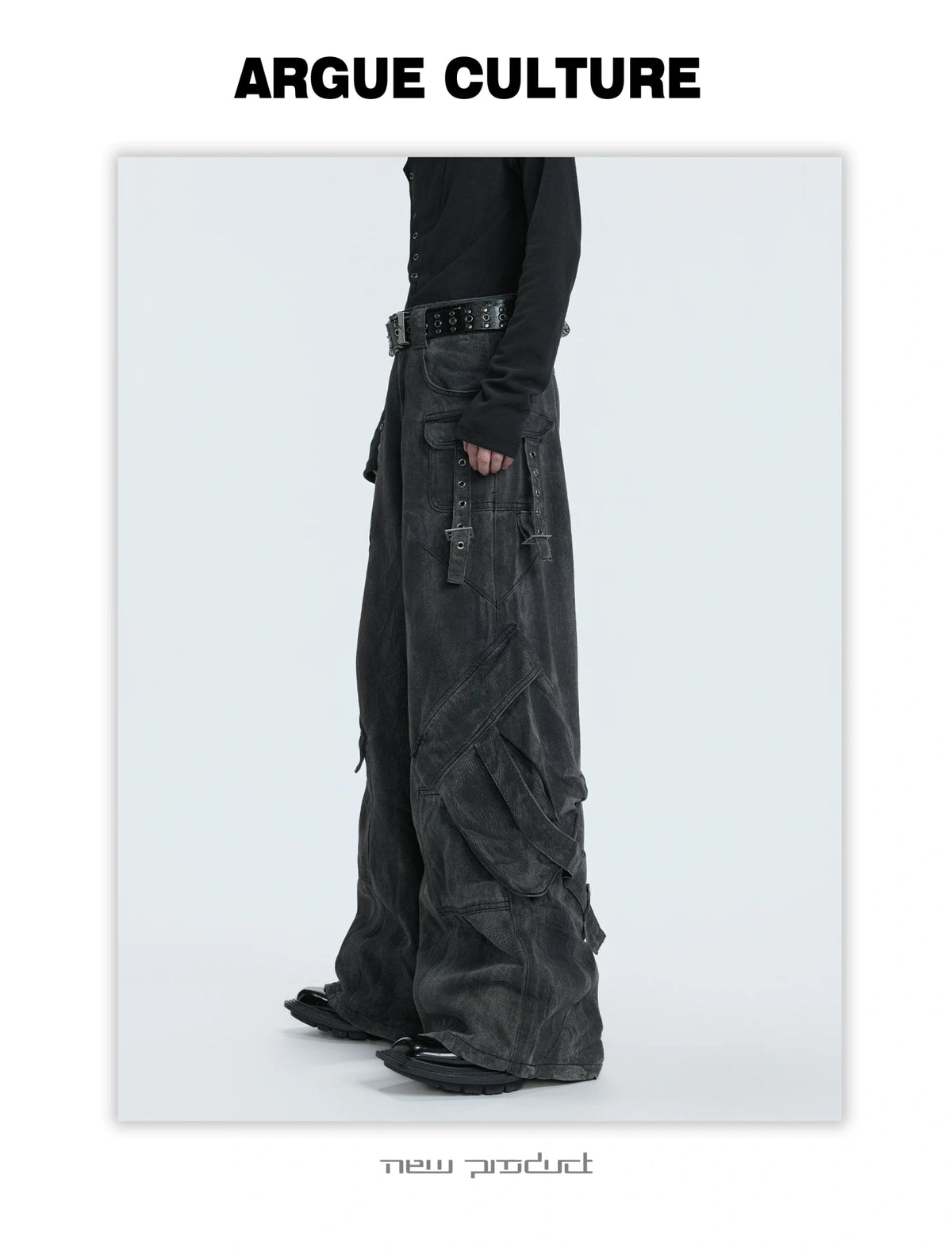 Washed Gray Utility Jeans with Relaxed Straight Fit - description image 5
