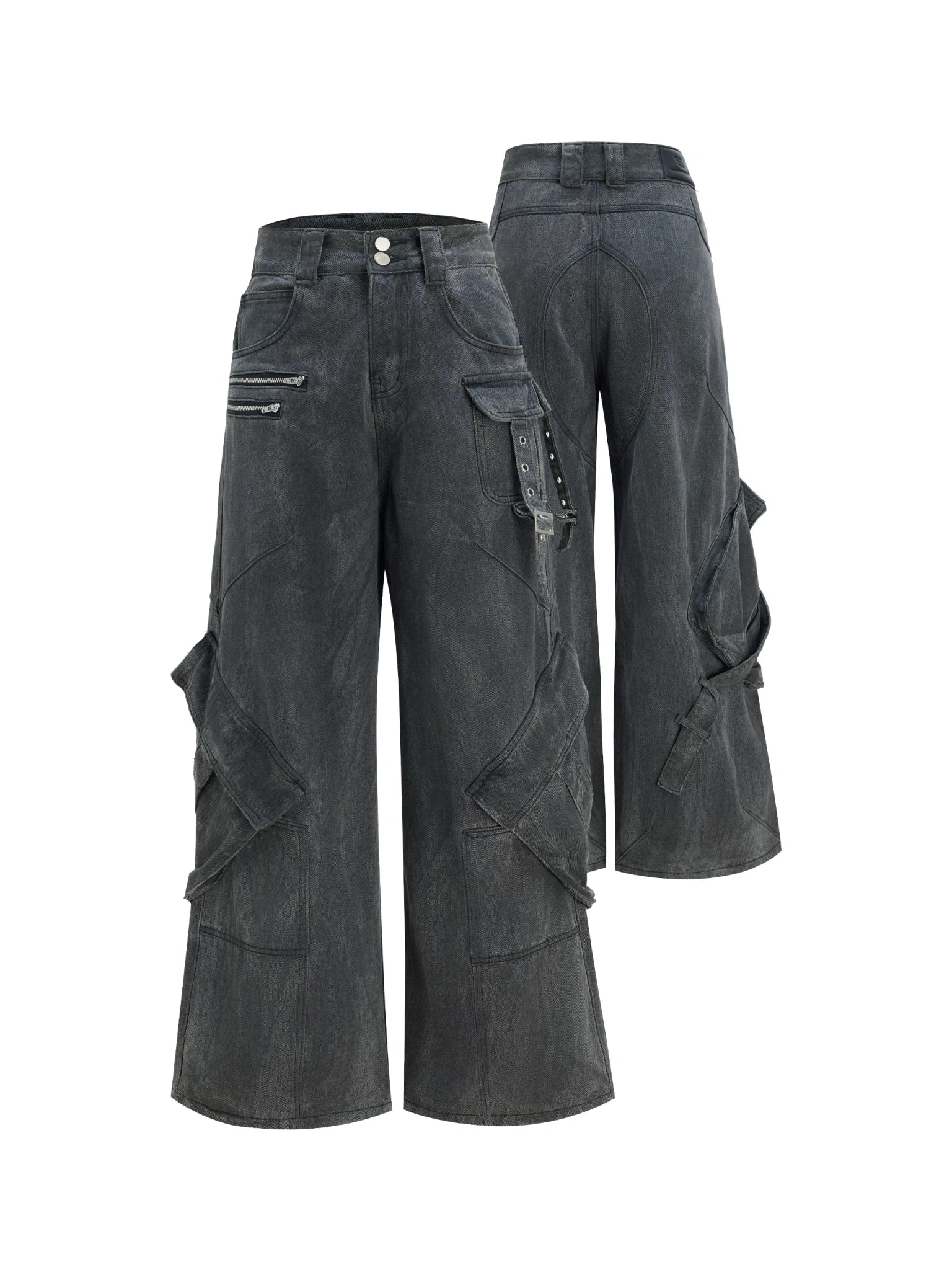 Washed Gray Utility Jeans with Relaxed Straight Fit - main image 1