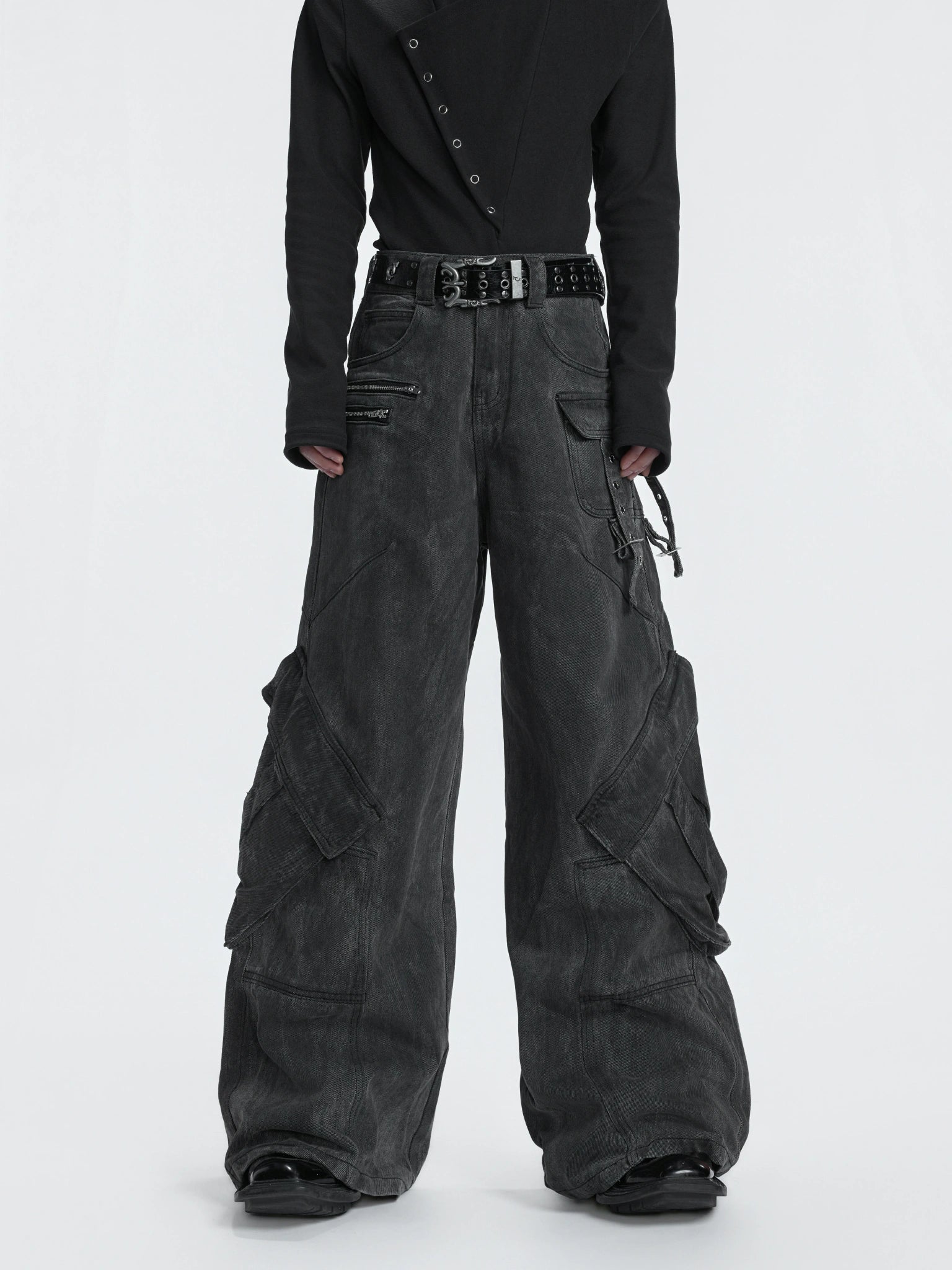 Washed Gray Utility Jeans with Relaxed Straight Fit - main image 2