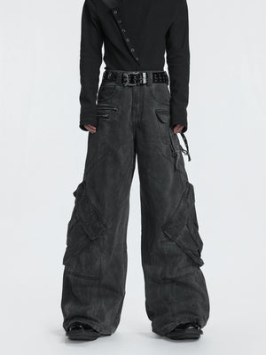 Washed Gray Utility Jeans with Relaxed Straight Fit - main image 2