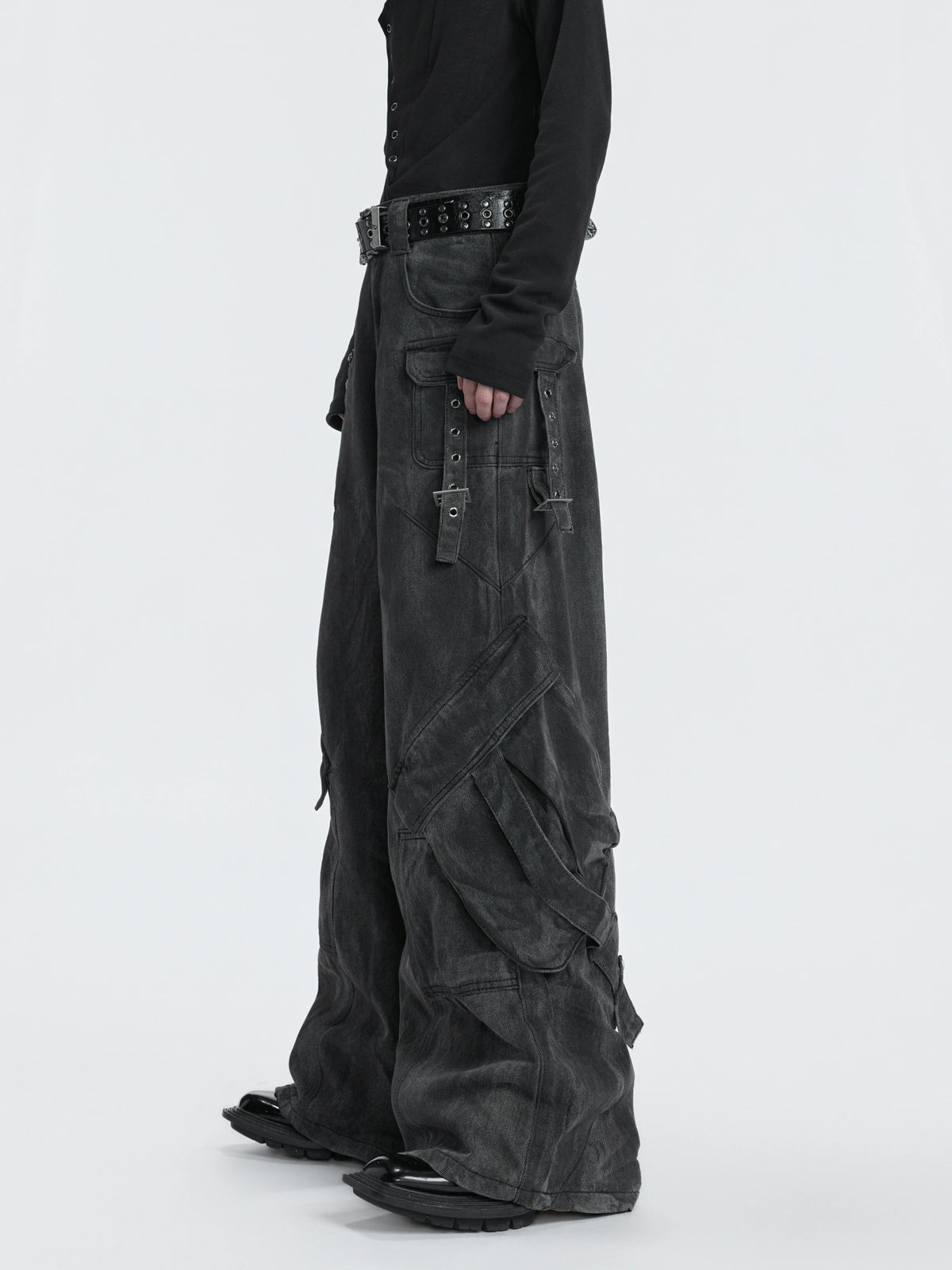Washed Gray Utility Jeans with Relaxed Straight Fit - main image 3