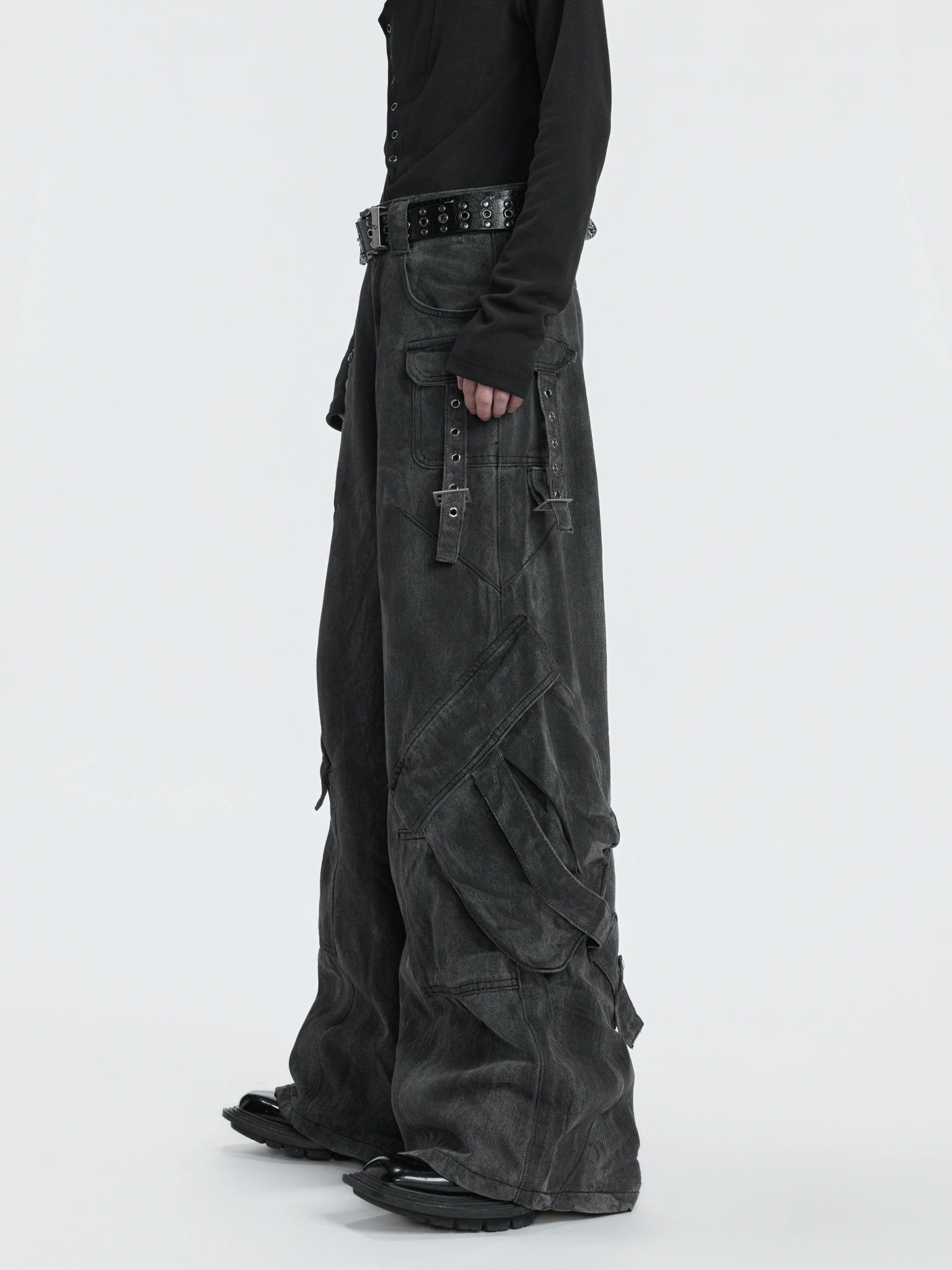 Washed Gray Utility Jeans with Relaxed Straight Fit - main image 3