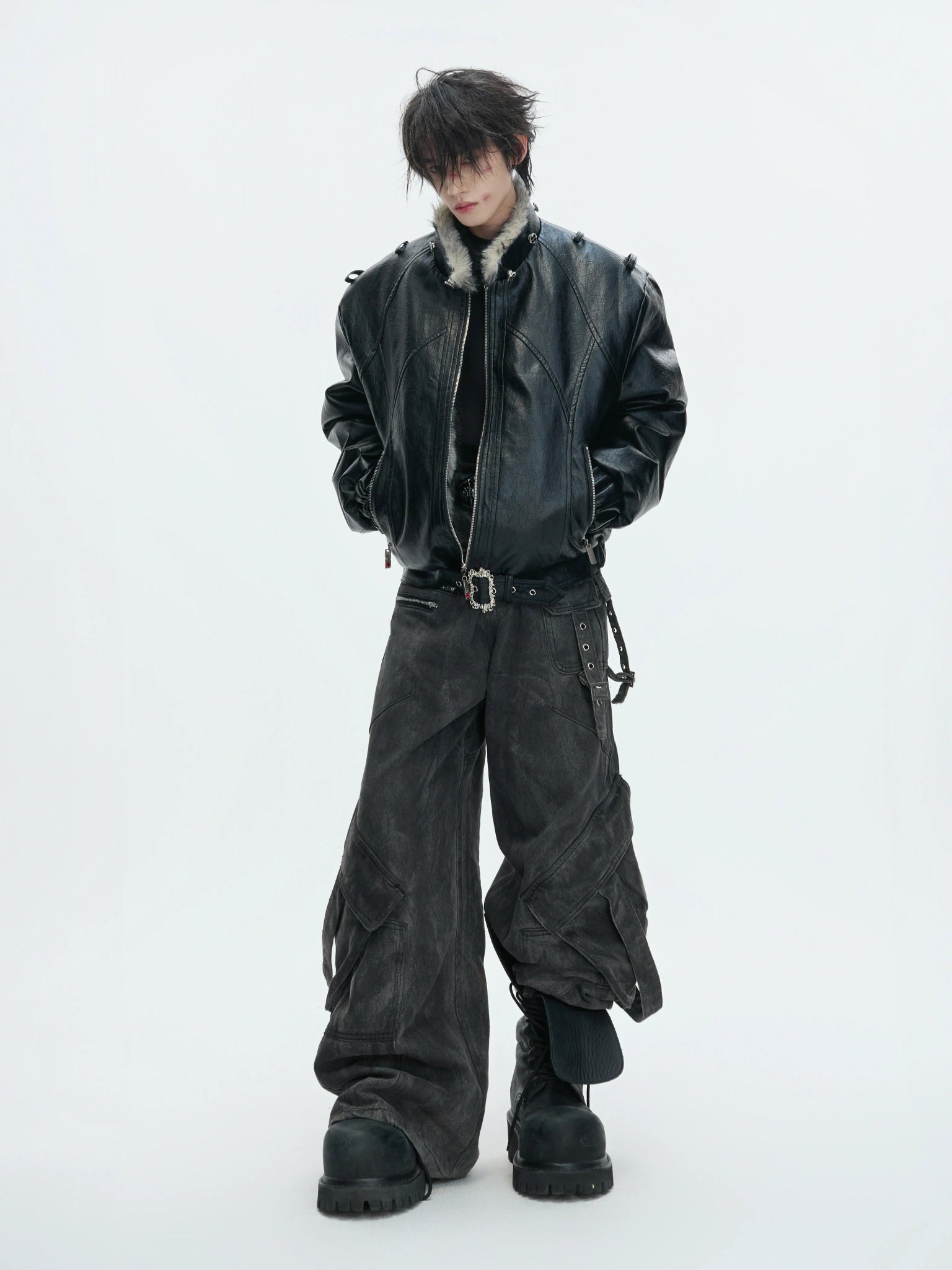 Washed Gray Utility Jeans with Relaxed Straight Fit - main image 4