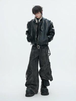 Washed Gray Utility Jeans with Relaxed Straight Fit - main image 4