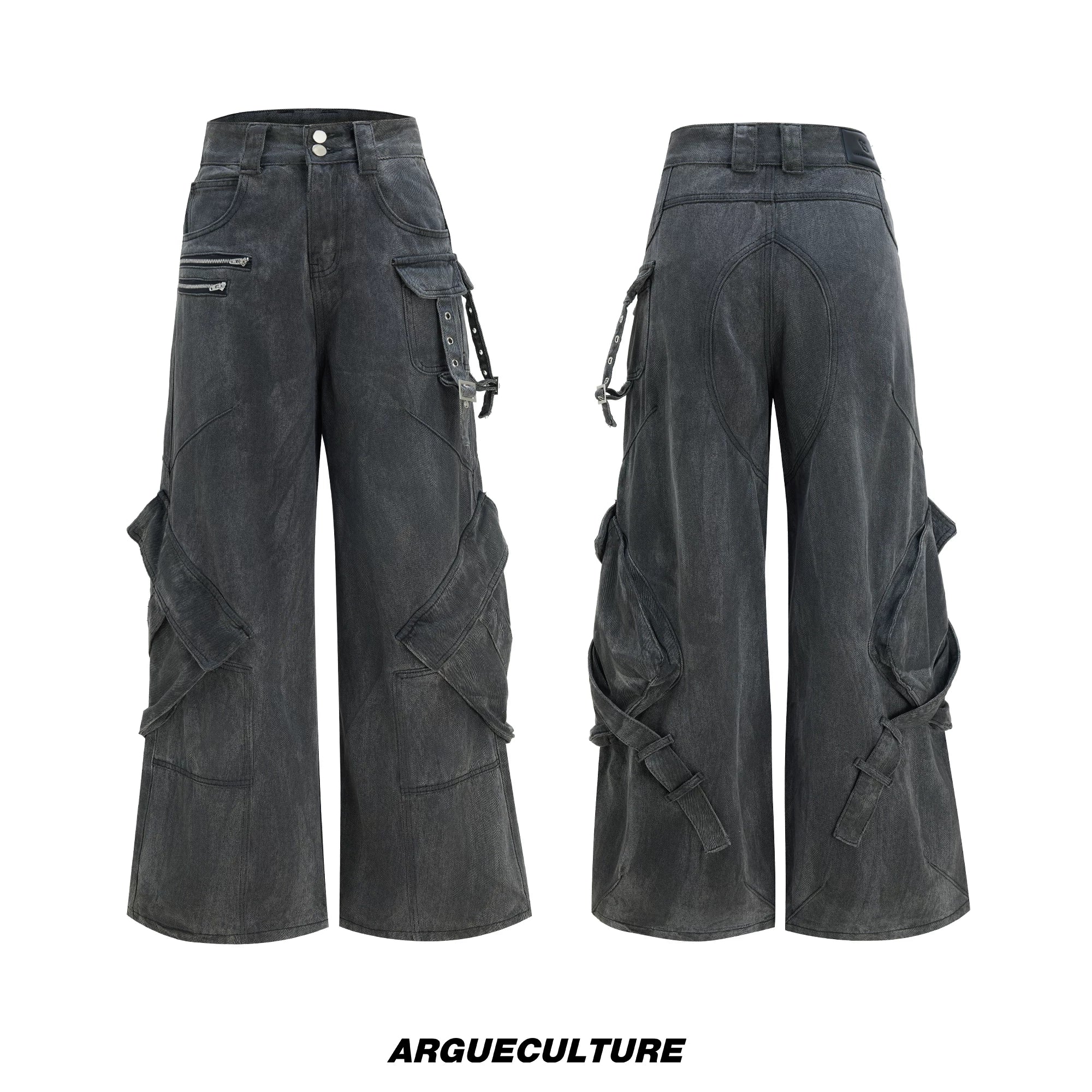Washed Gray Utility Jeans with Relaxed Straight Fit - Washed Gray Pants