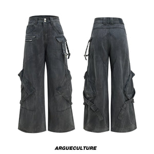 Washed Gray Utility Jeans with Relaxed Straight Fit - Washed Gray Pants