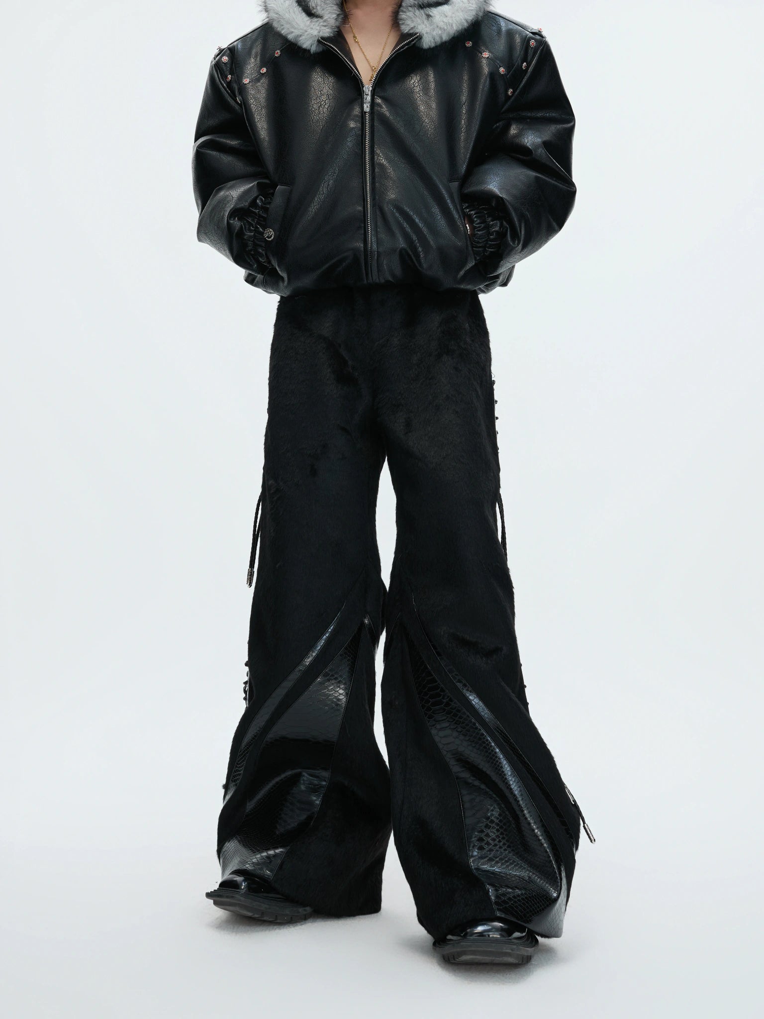 Black Crocodile-Texture Deconstructed Streetwear Pants - main image 2