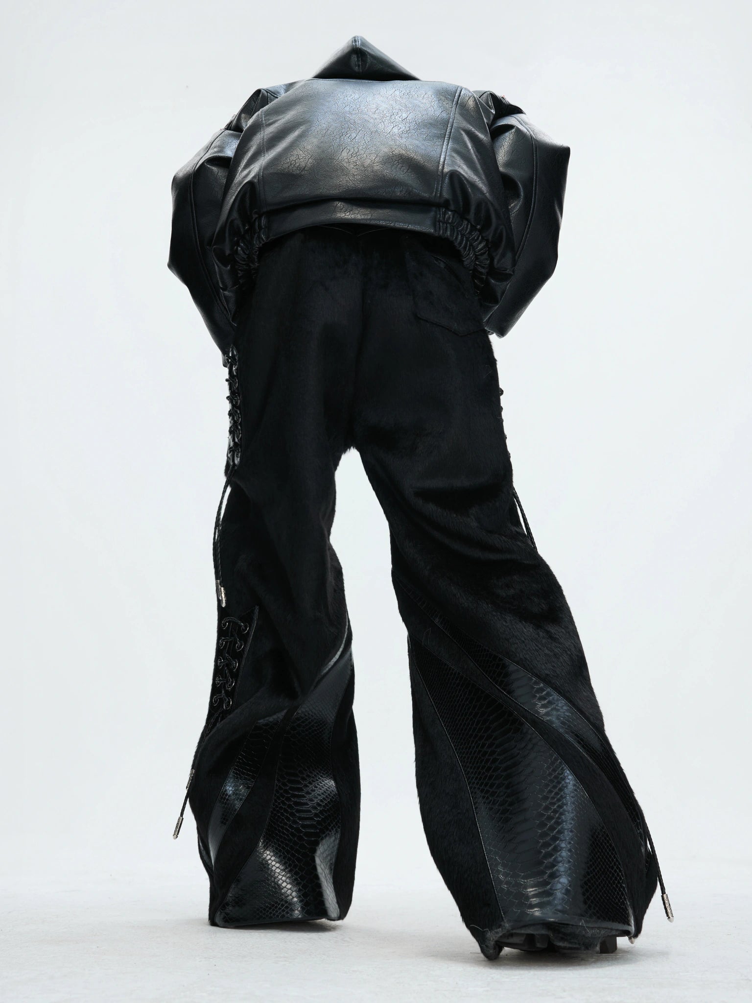 Black Crocodile-Texture Deconstructed Streetwear Pants - main image 3