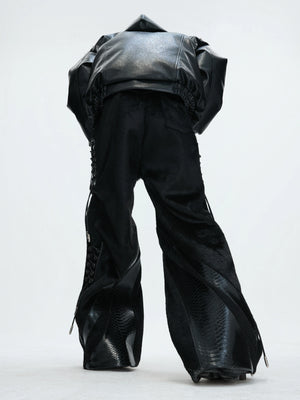 Black Crocodile-Texture Deconstructed Streetwear Pants - main image 3