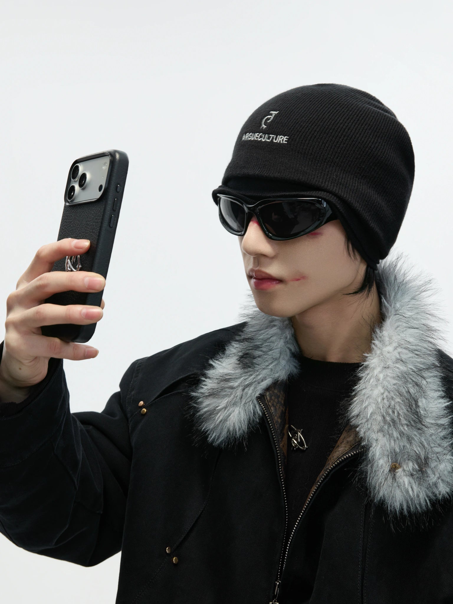 Black Fleece-Lined Faux-Layer Knit Beanie - main image 3