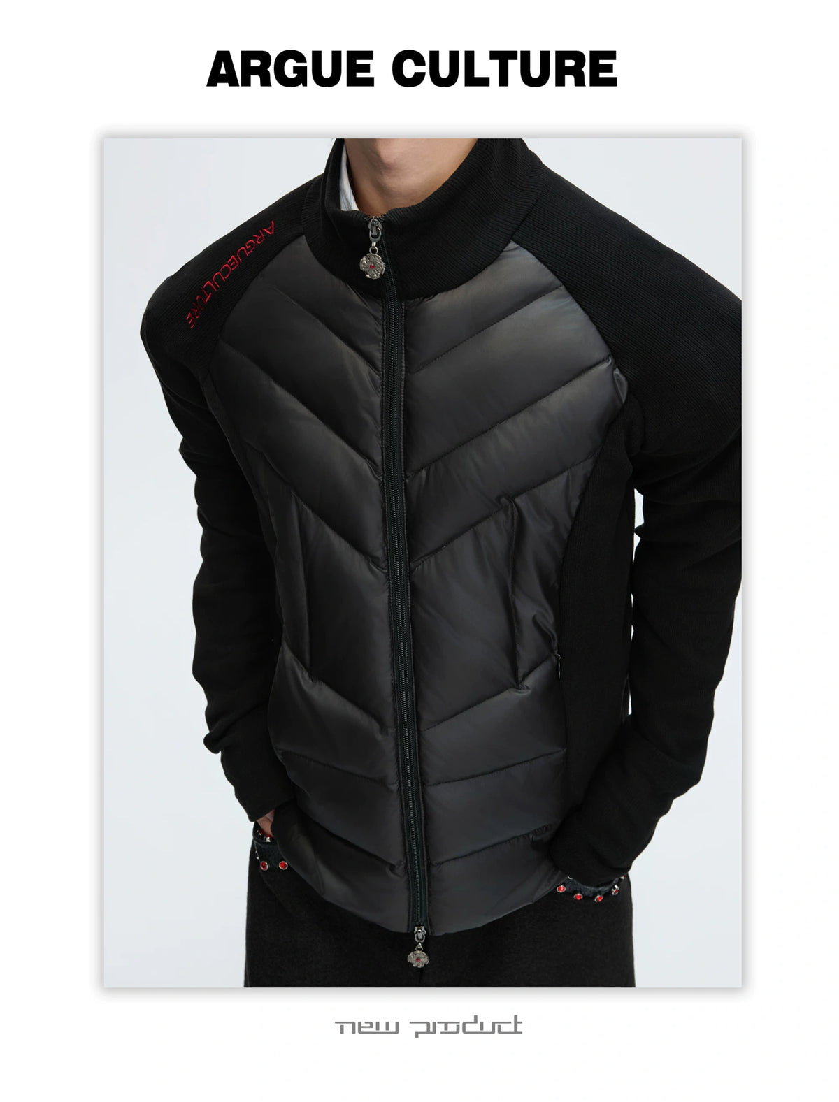 Cotton Down Jacket with Stand Collar | Spliced Outerwear - description image 5