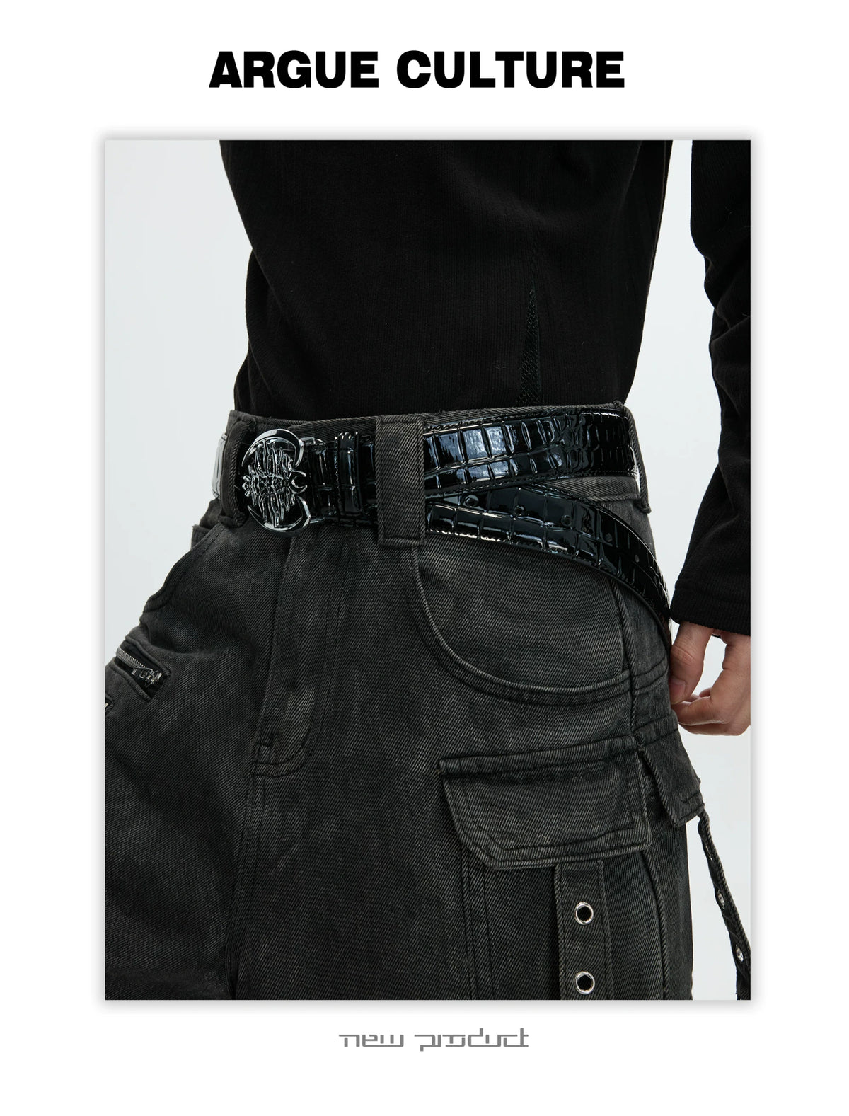 Crocodile-Embossed Cowhide Belt with Metal Buckle - description image 1