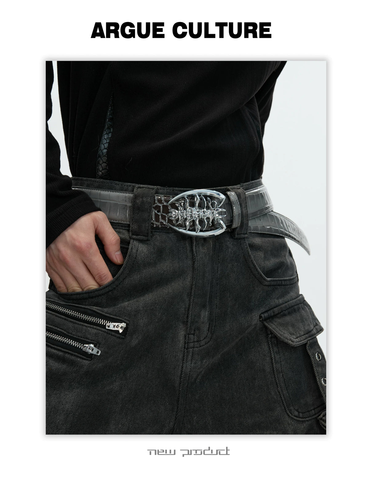 Crocodile-Embossed Cowhide Belt with Metal Buckle - description image 2