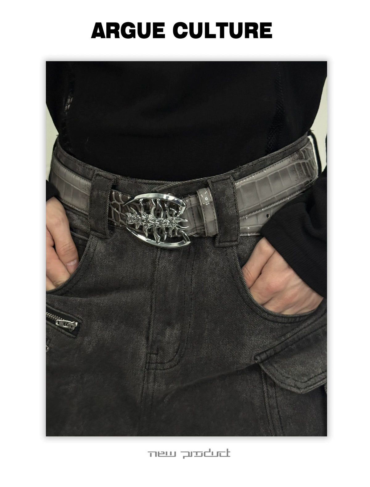 Crocodile-Embossed Cowhide Belt with Metal Buckle - description image 6