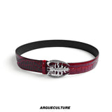 Crocodile-Embossed Cowhide Belt with Metal Buckle - Red