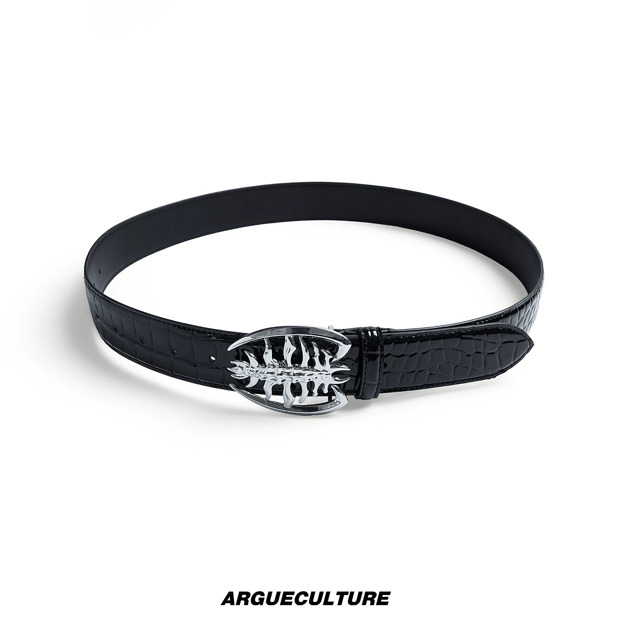 Crocodile-Embossed Cowhide Belt with Metal Buckle - Black