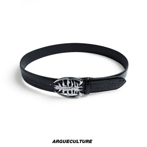 Crocodile-Embossed Cowhide Belt with Metal Buckle - Black