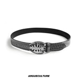 Crocodile-Embossed Cowhide Belt with Metal Buckle - Gray