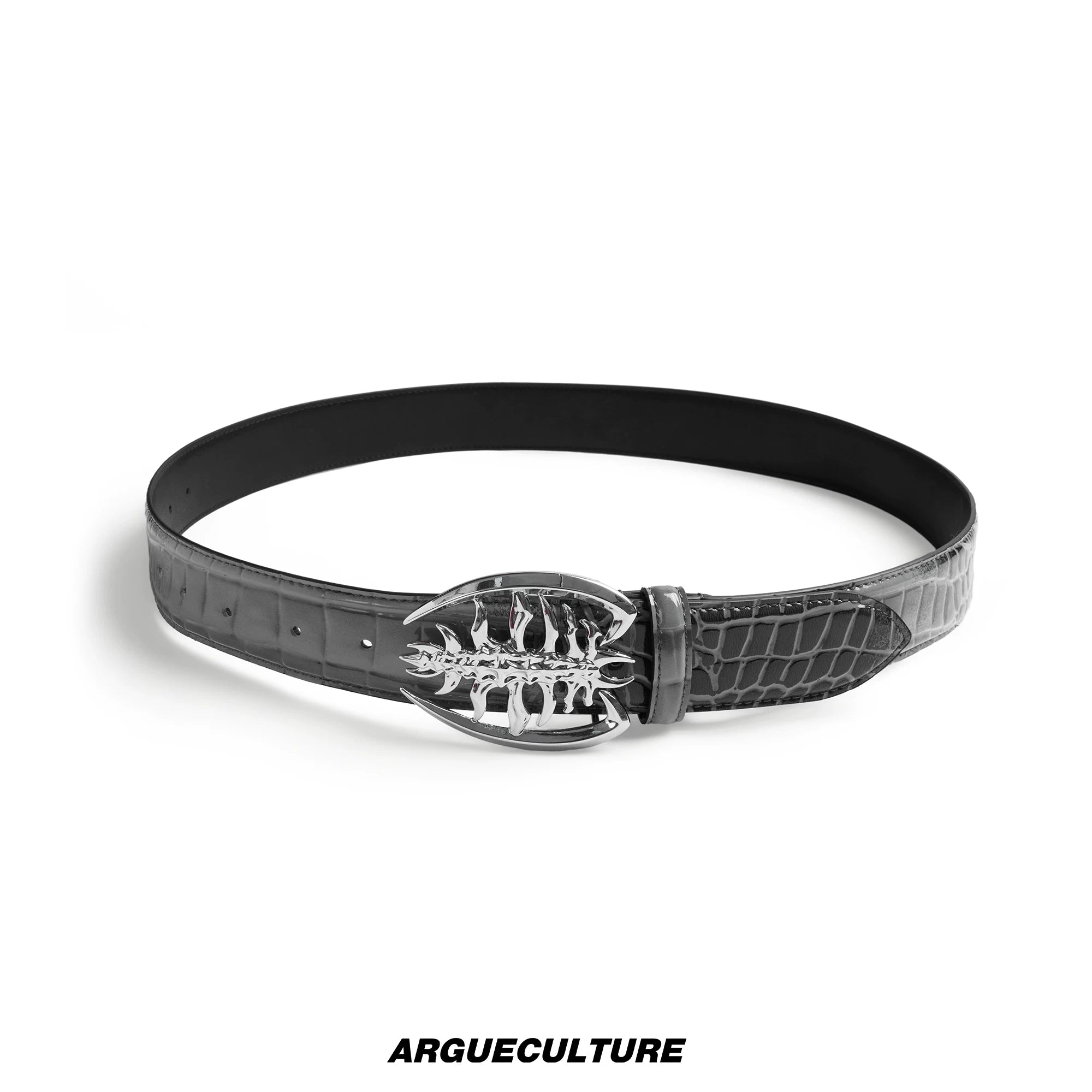 Crocodile-Embossed Cowhide Belt with Metal Buckle - Gray