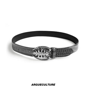 Crocodile-Embossed Cowhide Belt with Metal Buckle - Gray