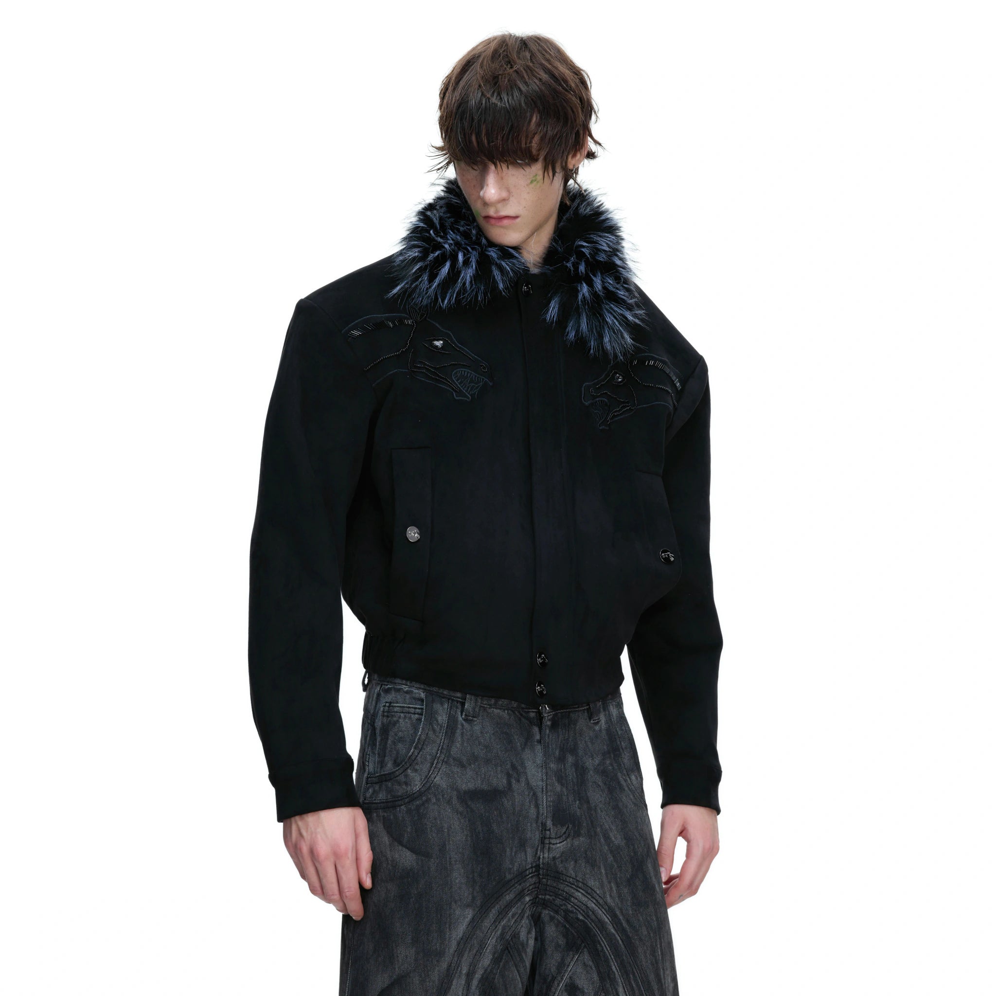 Cropped Suede Jacket with Detachable Faux Fur Collar - main image 3