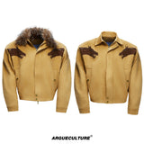 Cropped Suede Jacket with Detachable Faux Fur Collar - Yellow