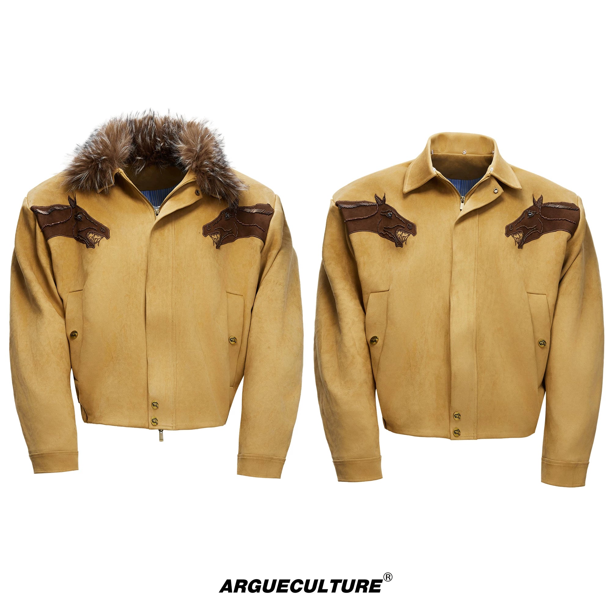 Cropped Suede Jacket with Detachable Faux Fur Collar - Yellow