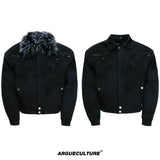 Cropped Suede Jacket with Detachable Faux Fur Collar - Black