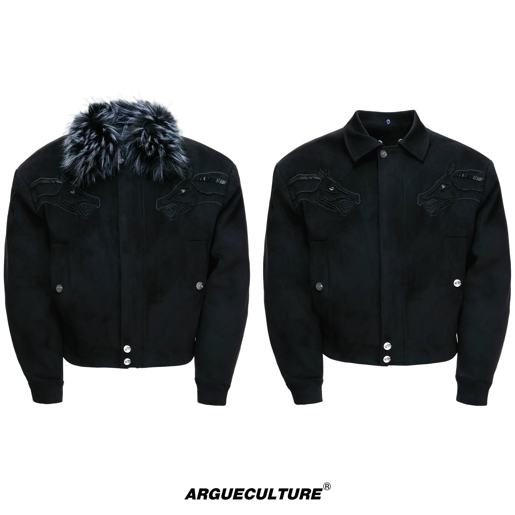 Cropped Suede Jacket with Detachable Faux Fur Collar - Black