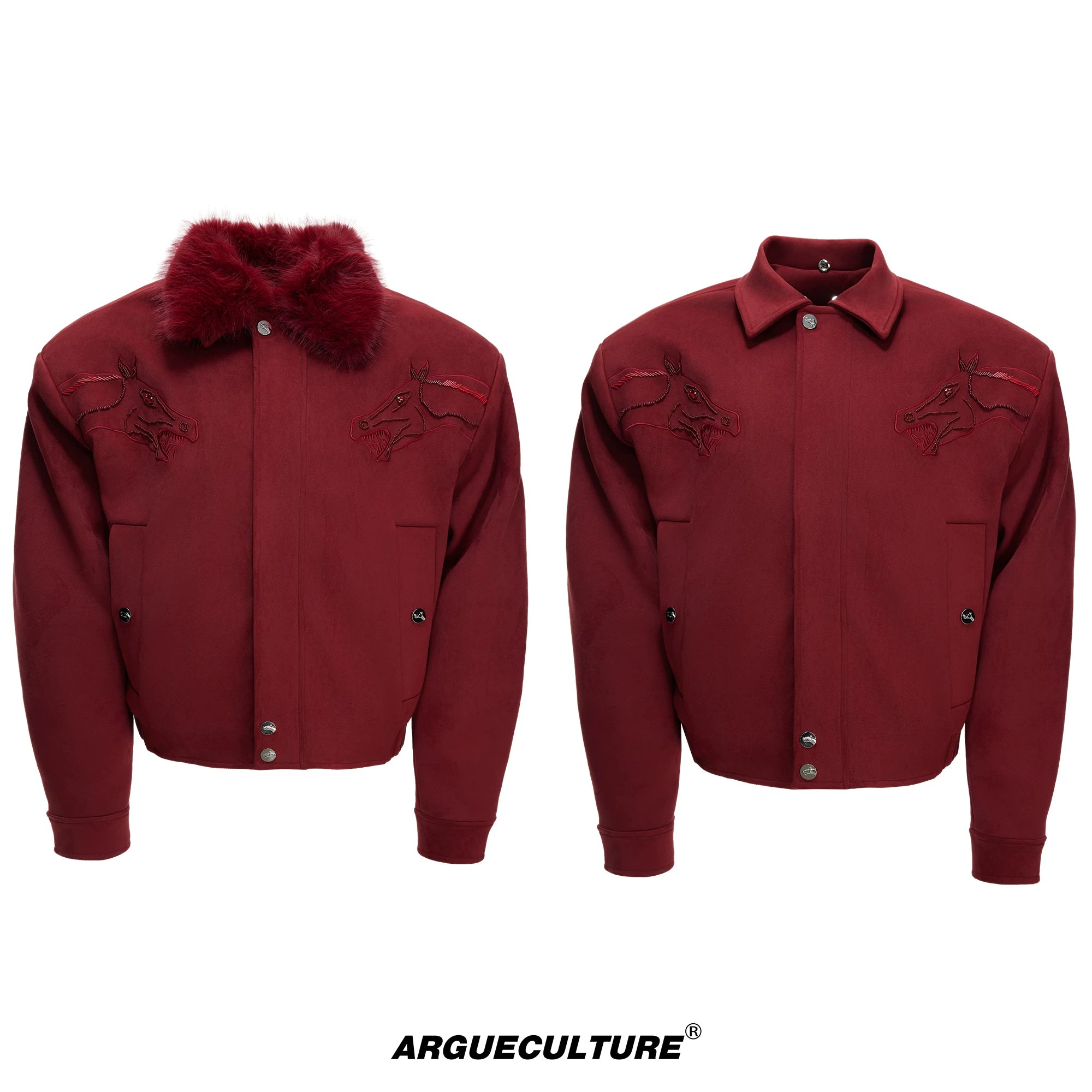 Cropped Suede Jacket with Detachable Faux Fur Collar - Red