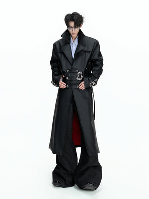 Long Black Faux Leather Trench Coat | Relaxed Fit - main image 1