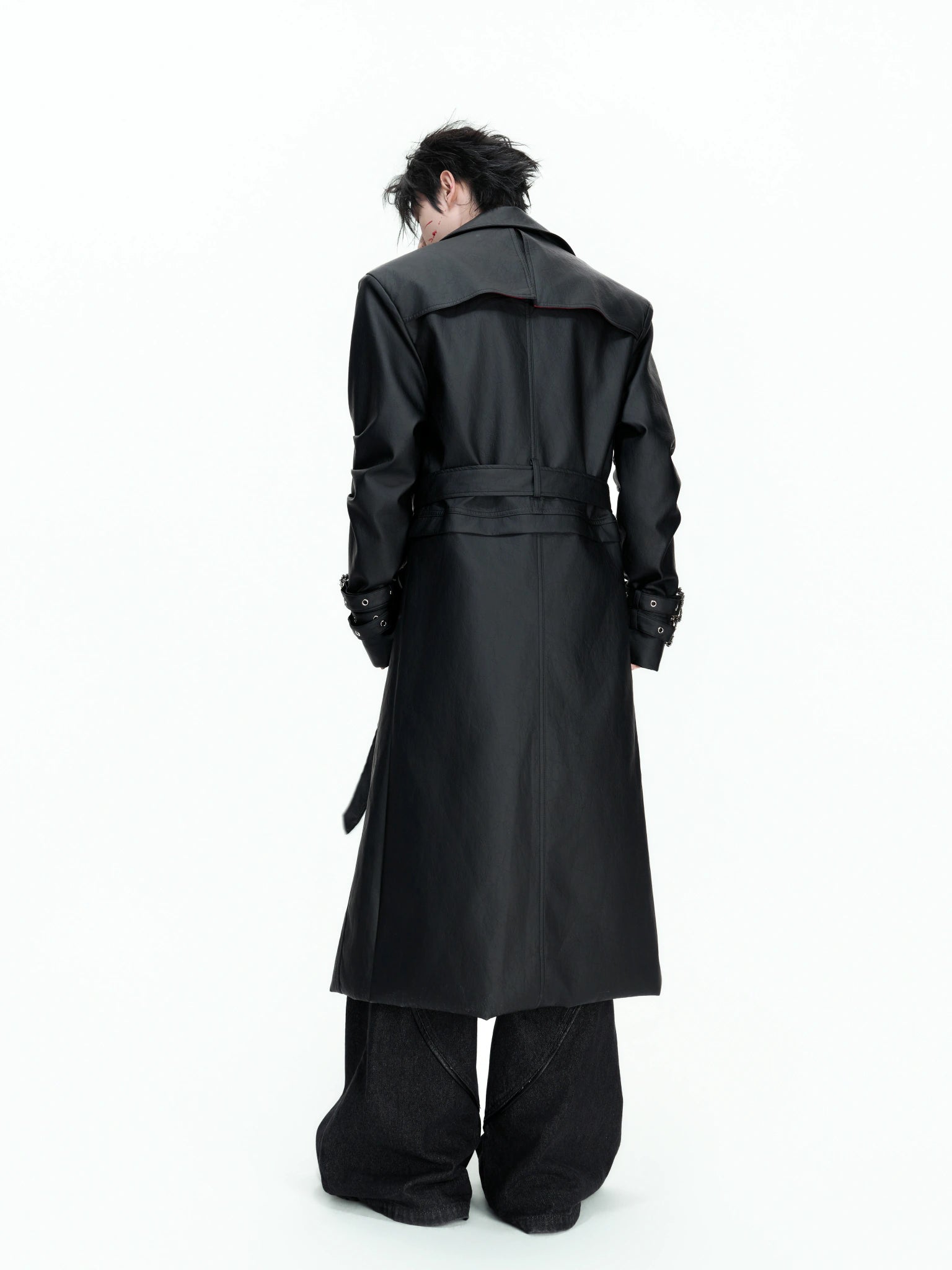 Long Black Faux Leather Trench Coat | Relaxed Fit - main image 3
