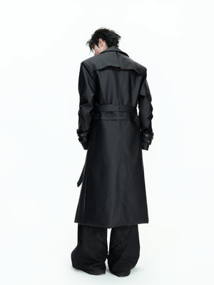 Long Black Faux Leather Trench Coat | Relaxed Fit - main image 3