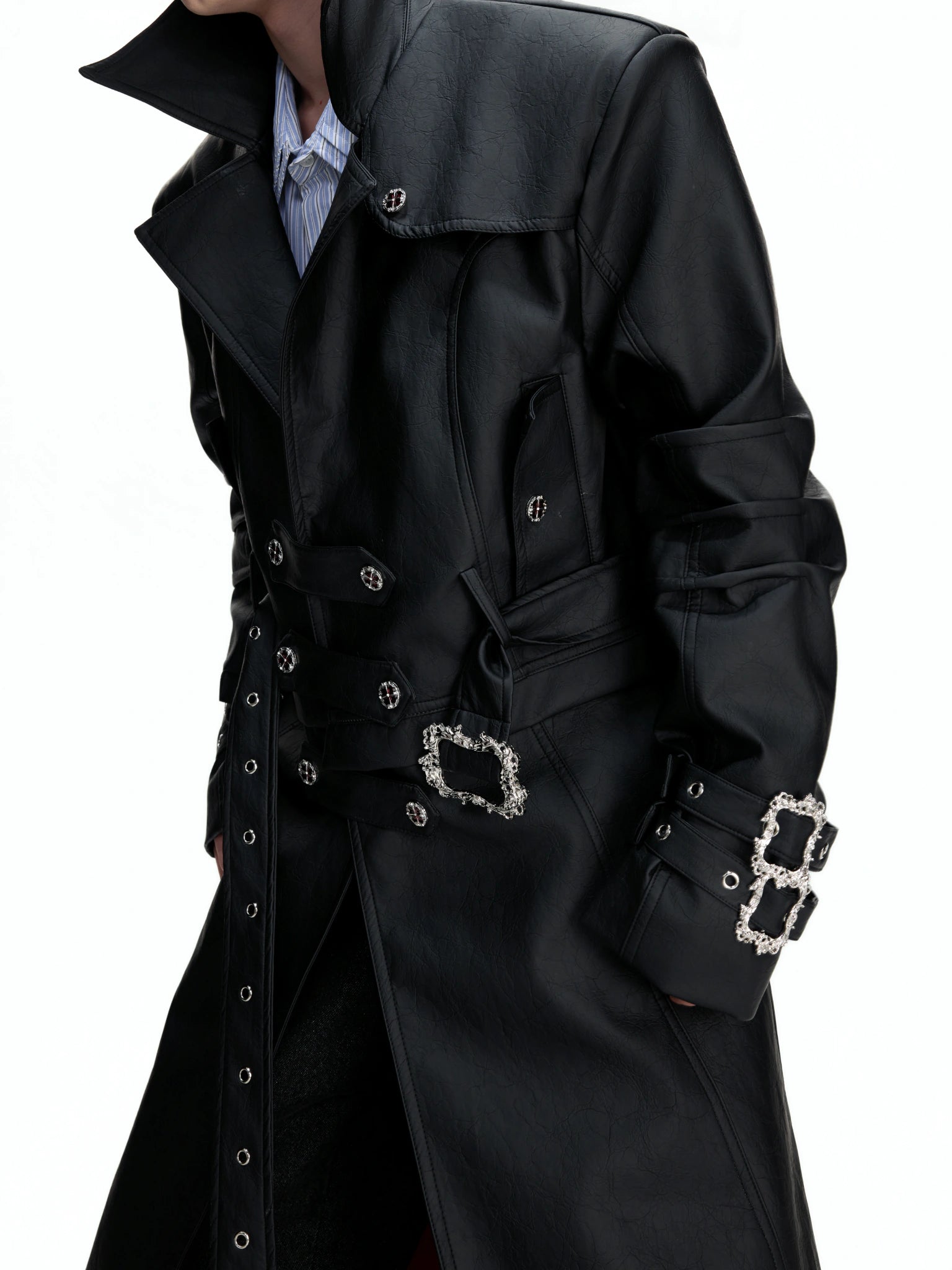 Long Black Faux Leather Trench Coat | Relaxed Fit - main image 4