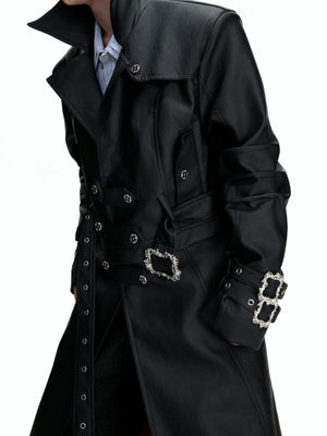 Long Black Faux Leather Trench Coat | Relaxed Fit - main image 4