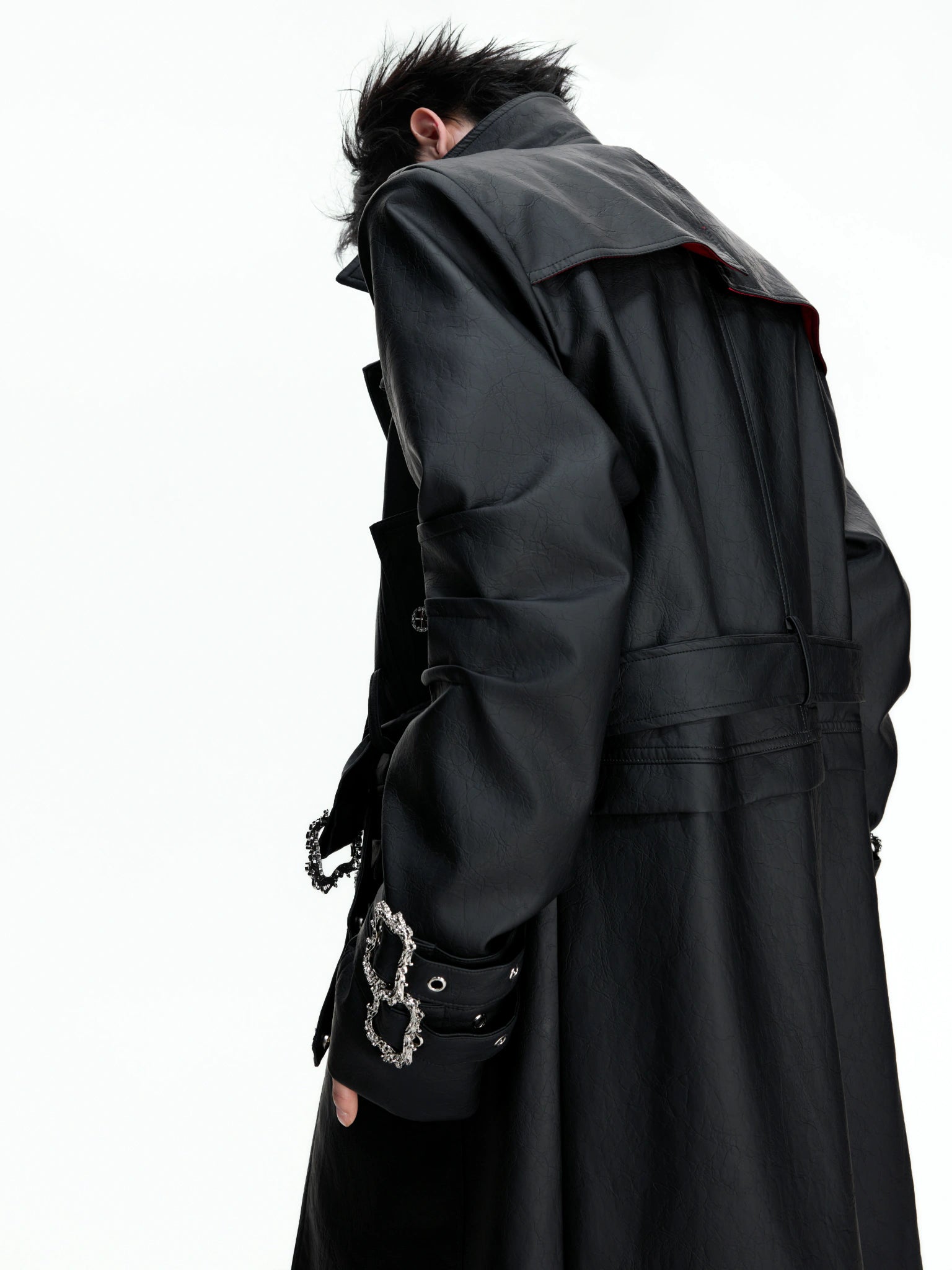 Long Black Faux Leather Trench Coat | Relaxed Fit - main image 5