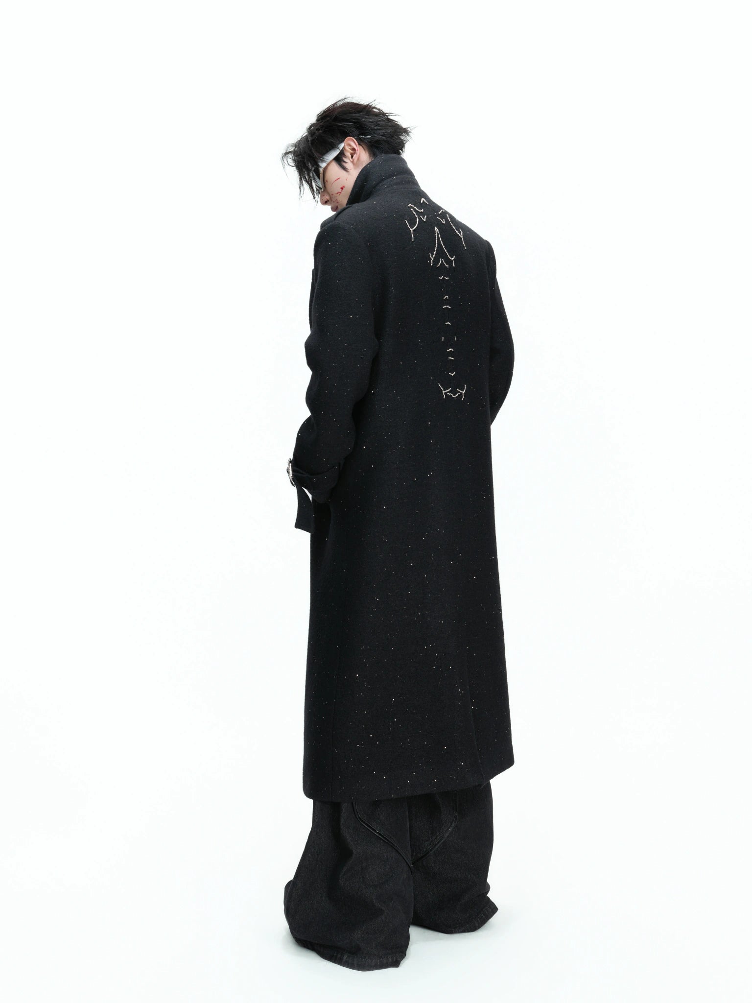 Black Sequin Wool-Blend Longline Coat | Relaxed Fit - main image 2