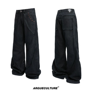 Washed Black Wide-Leg Jeans | Mid-Rise Streetwear - Washed Black Pants