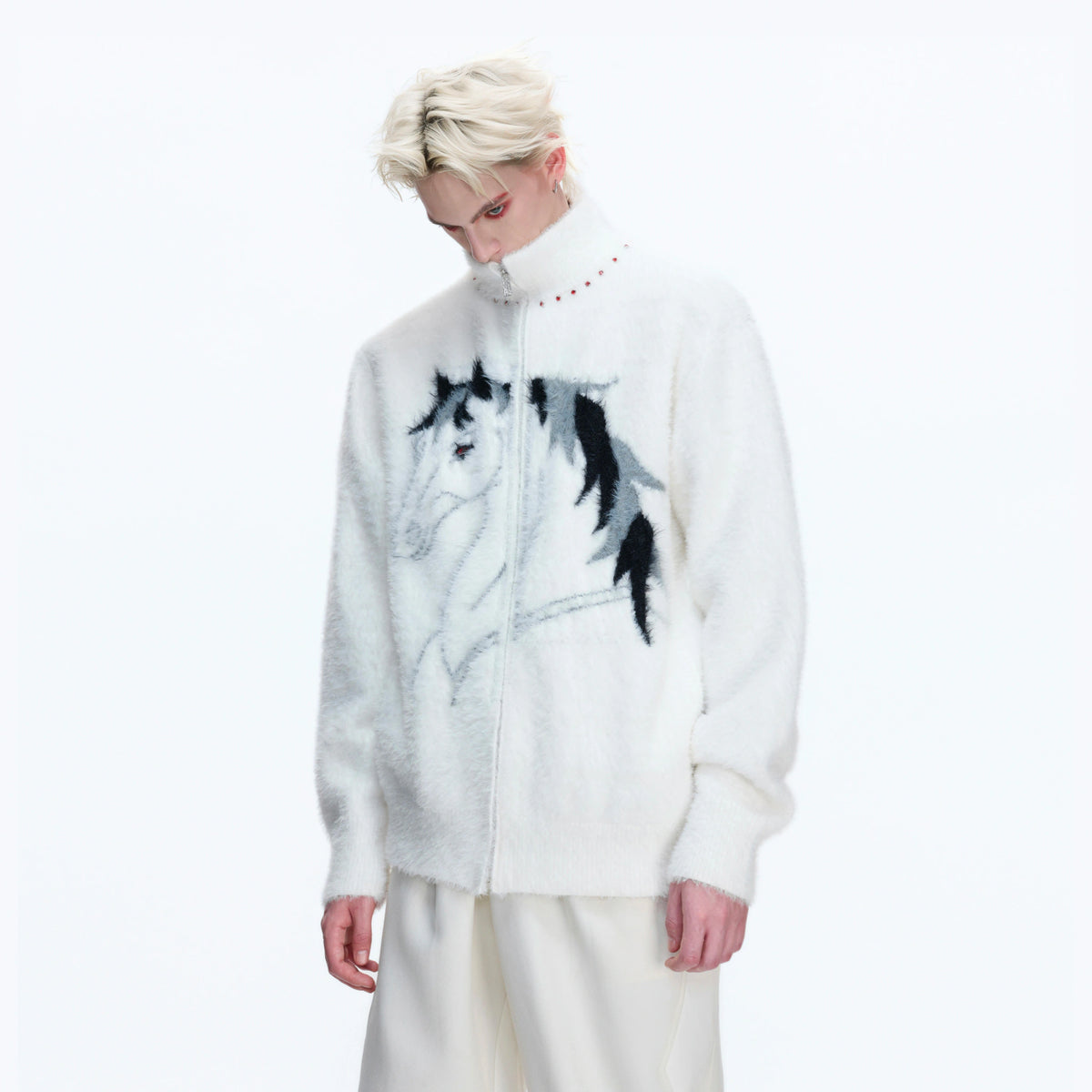 Asymmetric Wool-Blend Zip Cardigan | High-Neck Knit - main image 1