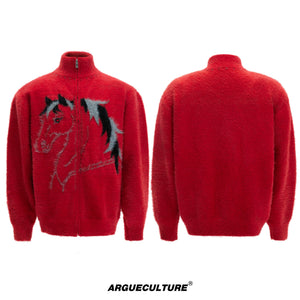 Asymmetric Wool-Blend Zip Cardigan | High-Neck Knit - Red Top