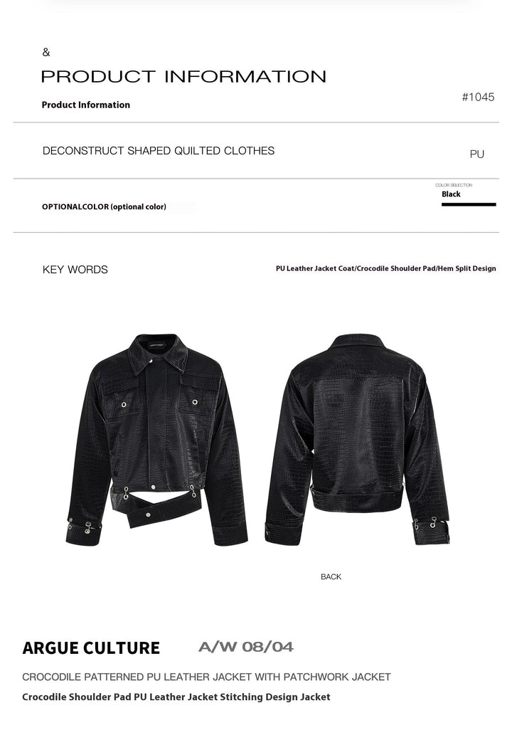 Crocodile PU Leather Jacket with Shoulder Pads and Split Hem Design - ArgueCulture