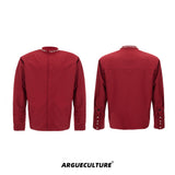 Baroque-Pearl-Puff-Sleeve-Shirt---Loose-Fit-Round-Neck-Blouse-Red-Jacket