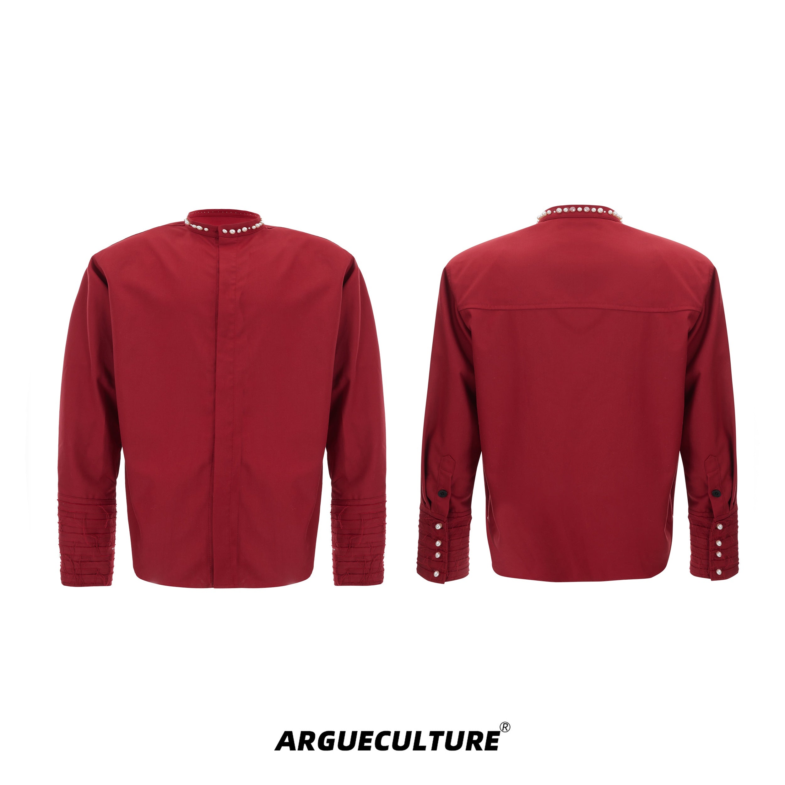 Baroque-Pearl-Puff-Sleeve-Shirt---Loose-Fit-Round-Neck-Blouse-Red-Jacket