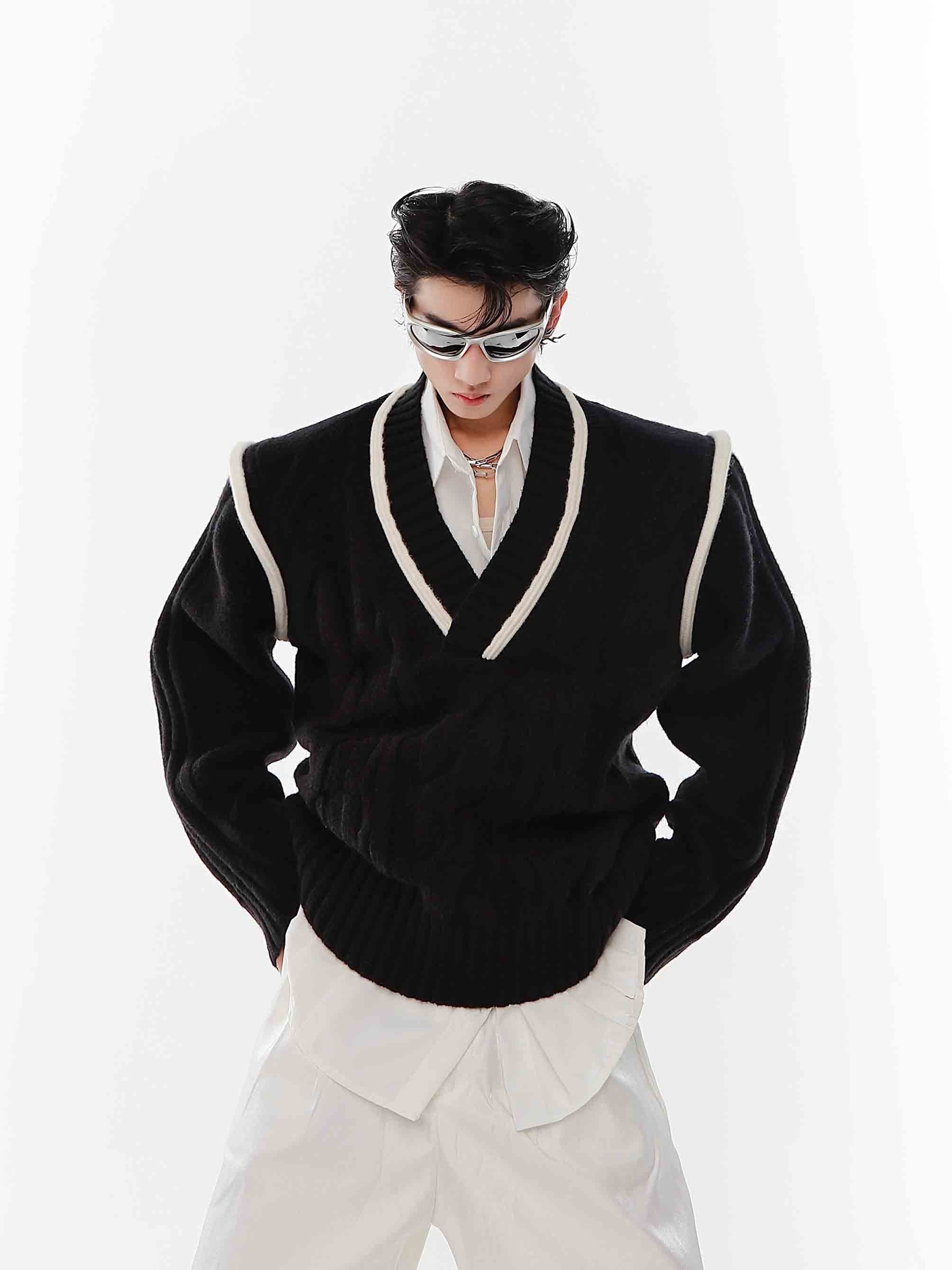 Christmas-Red-V-Neck-Cable-Knit-Sweater---Oversized-Soft-Yarn-Pullover-Black