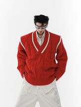 Christmas-Red-V-Neck-Cable-Knit-Sweater---Oversized-Soft-Yarn-Pullover-Red