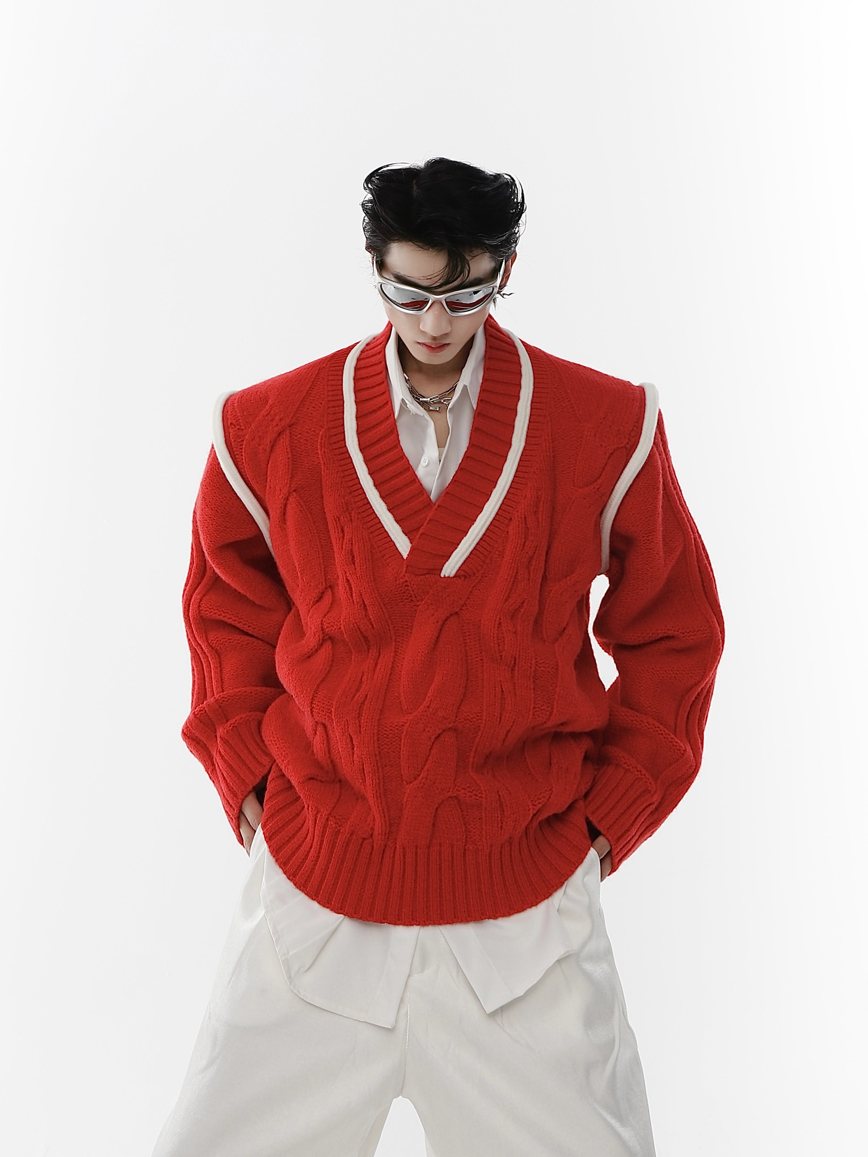 Christmas-Red-V-Neck-Cable-Knit-Sweater---Oversized-Soft-Yarn-Pullover-Red