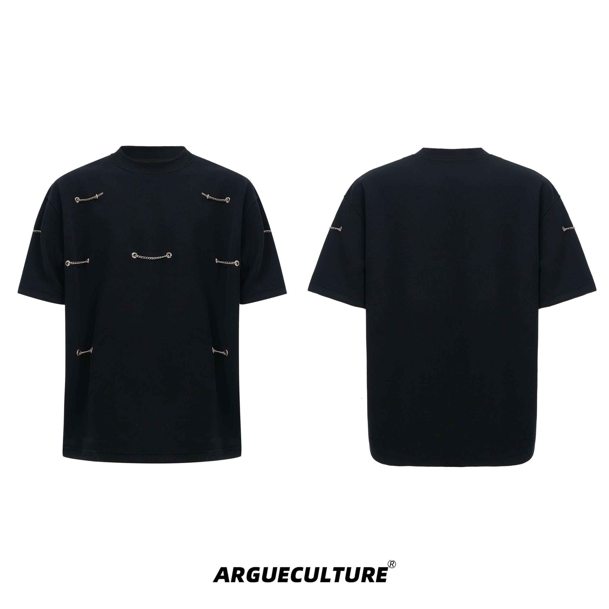 Chunky-Chain-Detail-Shoulder-Pad-Black-Tee---320g-Cotton-Black-T-shirt