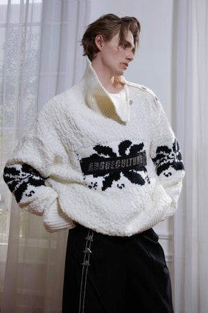 Chunky-Knit-Sweater---Oversized-High-Neck-with-Metal-Buttons-White