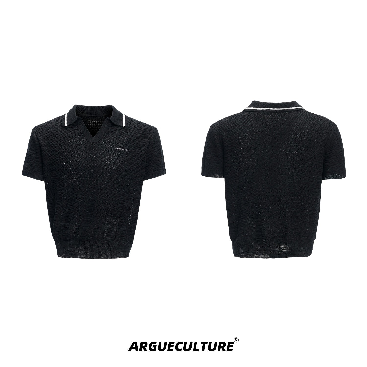 Color-Block-Textured-Polo-Shirt---Striped-Knit-Summer-Top-Black-T-shirt